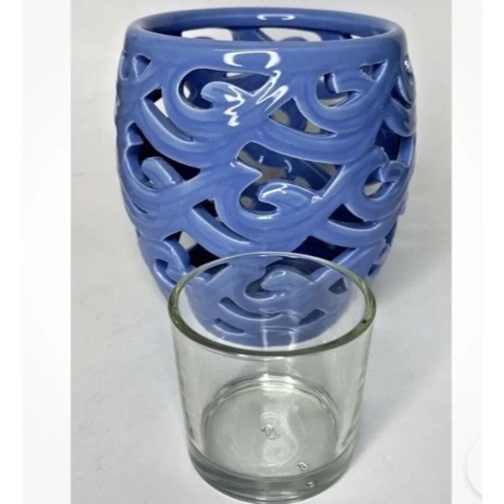 Partylite Waves Blue Votive Holder, Retired Coastal Glass Candle Holder NIB